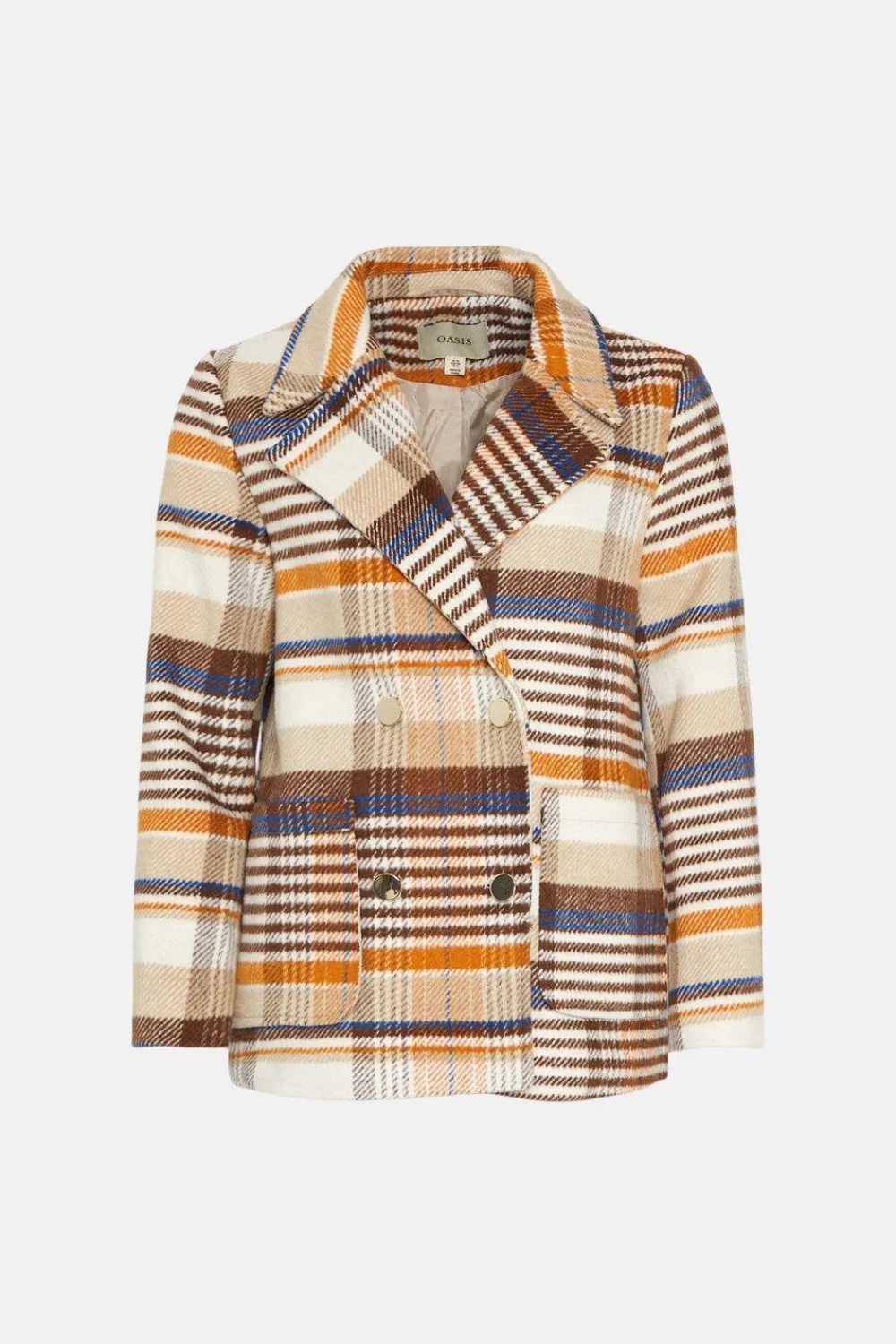 Hot Oasis Check Double Breasted Pea Coat Brown