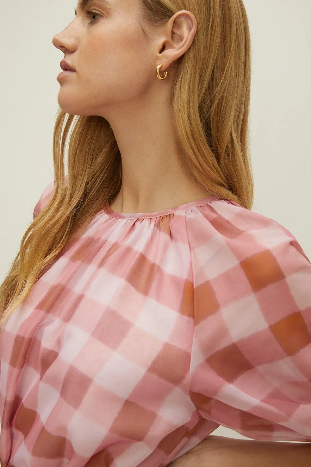 Online Oasis Check Puff Sleeve Belted Midi Dress Pink