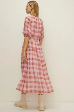 Online Oasis Check Puff Sleeve Belted Midi Dress Pink