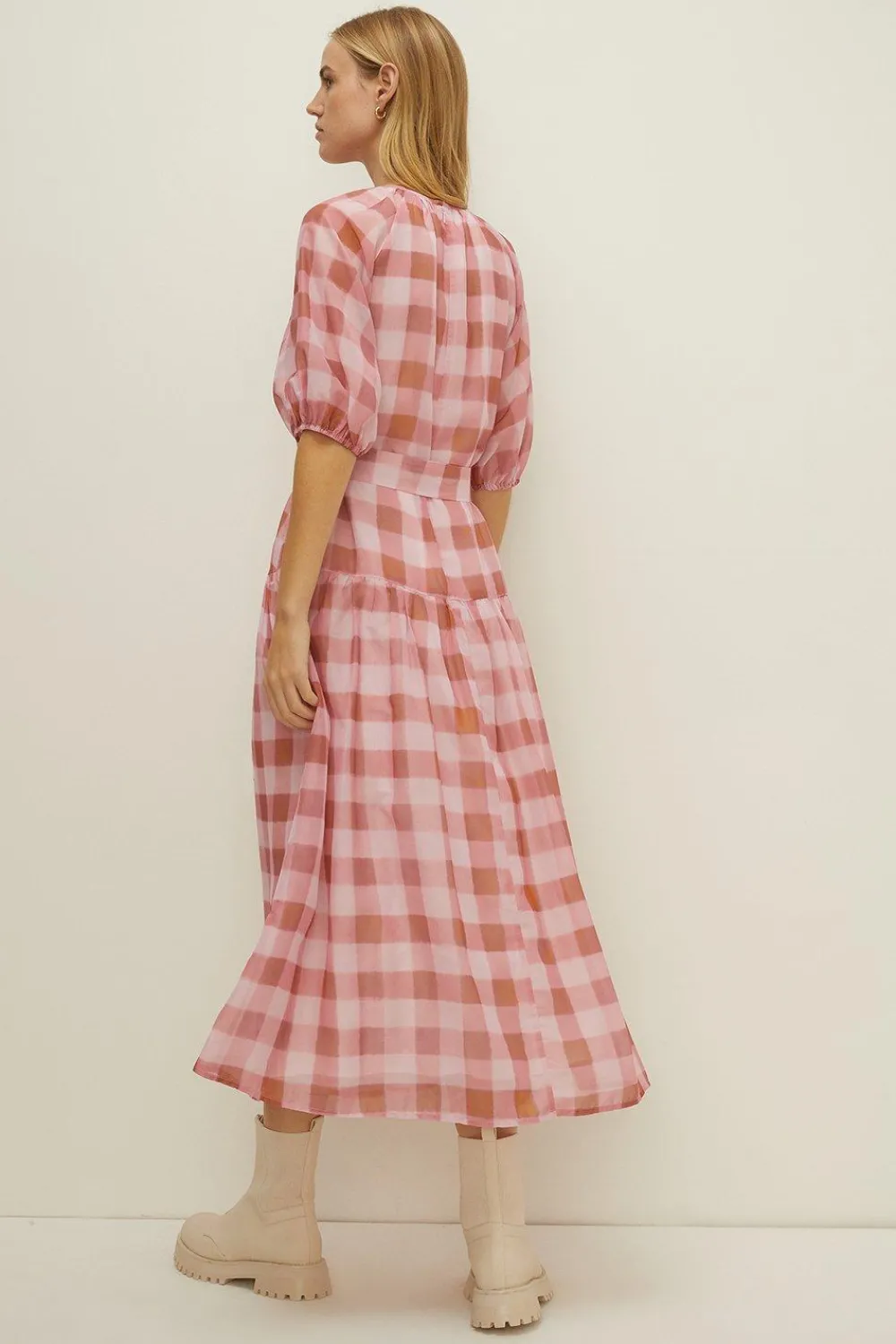 Online Oasis Check Puff Sleeve Belted Midi Dress Pink