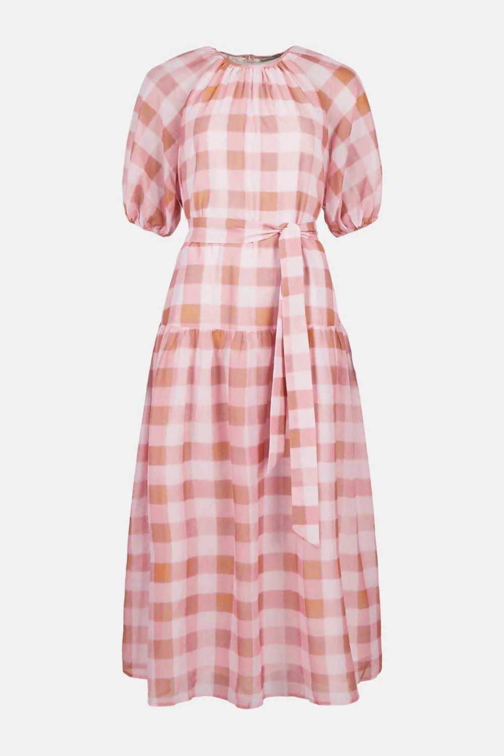 Online Oasis Check Puff Sleeve Belted Midi Dress Pink