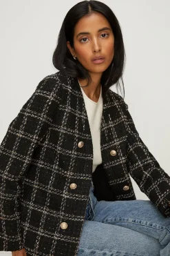 Hot Oasis Check Tweed Sequin Button Detail Blazer Black