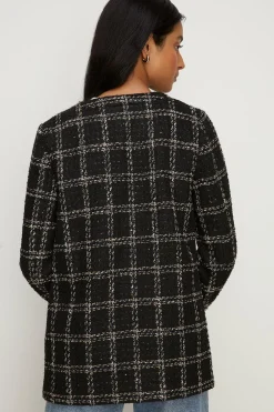 Hot Oasis Check Tweed Sequin Button Detail Blazer Black
