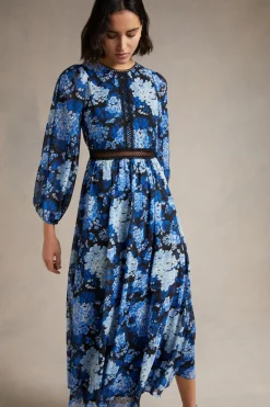 Fashion Oasis Cluster Floral Lace Balloon Sleeve Dobby Midi Dress Navy