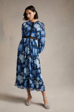 Fashion Oasis Cluster Floral Lace Balloon Sleeve Dobby Midi Dress Navy