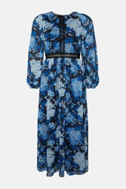 Fashion Oasis Cluster Floral Lace Balloon Sleeve Dobby Midi Dress Navy