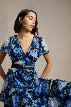 Sale Oasis Cluster Floral Lace Tiered Dobby Midi Dress Navy