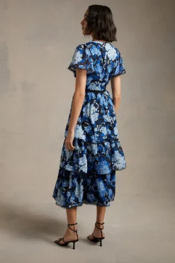 Sale Oasis Cluster Floral Lace Tiered Dobby Midi Dress Navy