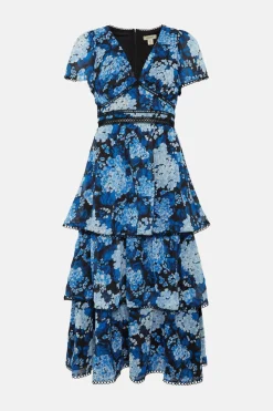 Sale Oasis Cluster Floral Lace Tiered Dobby Midi Dress Navy