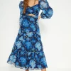 Discount Oasis Cluster Floral Organza Ruched Cut Out Midi Dress Navy