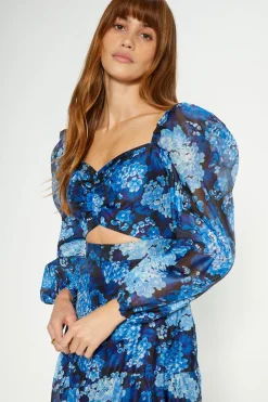 Discount Oasis Cluster Floral Organza Ruched Cut Out Midi Dress Navy