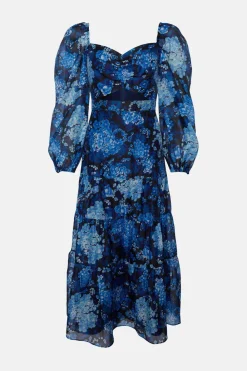 Discount Oasis Cluster Floral Organza Ruched Cut Out Midi Dress Navy
