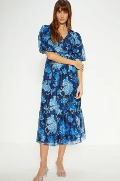 Clearance Oasis Cluster Floral Organza Wrap Midi Dress Navy