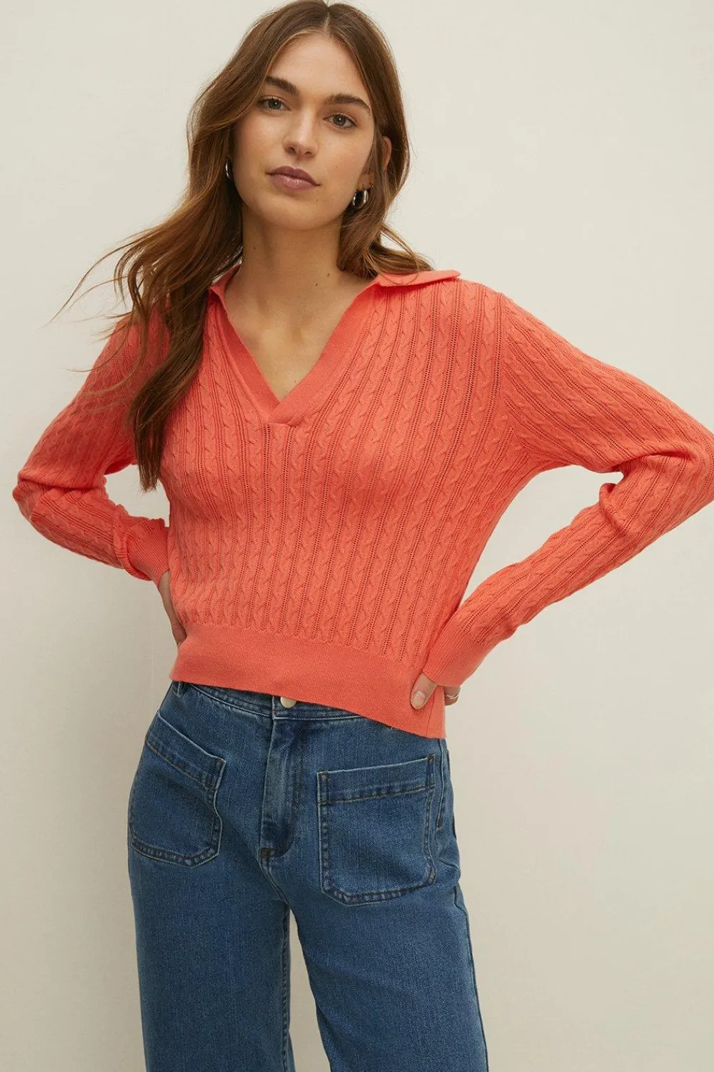 Sale Oasis Collared Cable Stitch Jumper Coral