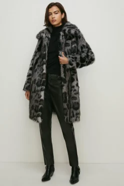 Clearance Oasis Collared Longline Animal Faux Fur Coat Grey
