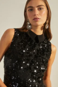 Outlet Oasis Collared Sequin Tweed Skater Dress Black