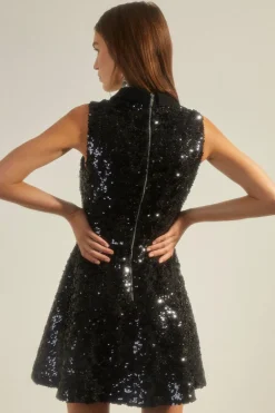 Outlet Oasis Collared Sequin Tweed Skater Dress Black
