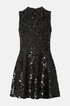 Outlet Oasis Collared Sequin Tweed Skater Dress Black