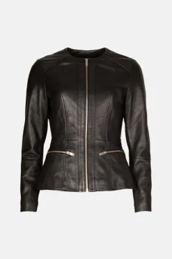 Online Oasis Collarless Leather Jacket Black