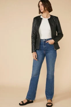 Hot Oasis Collarless Leather Jacket Black
