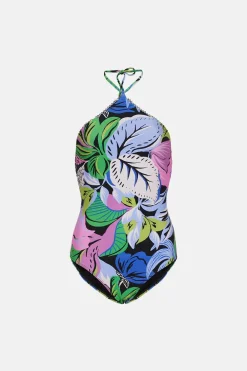 Sale Oasis Colour Pop Floral Lace Trim Halter Swimsuit Multi