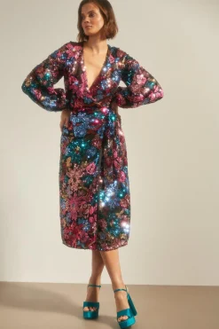 Hot Oasis Colour Pop Sequin Floral Wrap Midi Dress Black