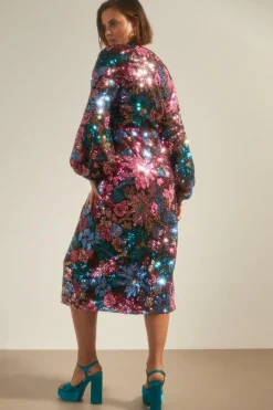 Hot Oasis Colour Pop Sequin Floral Wrap Midi Dress Black