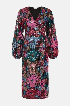 Hot Oasis Colour Pop Sequin Floral Wrap Midi Dress Black