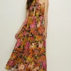Hot Oasis Colourful Floral Side Split Halter Maxi Dress Orange