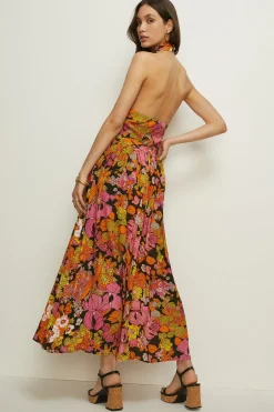 Hot Oasis Colourful Floral Side Split Halter Maxi Dress Orange