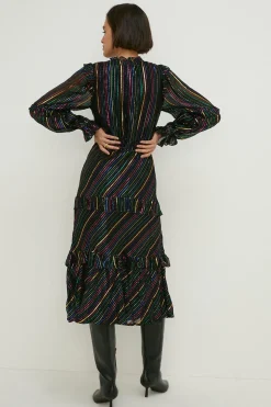 Clearance Oasis Colourful Metallic Stripe Ruffle Midi Dress Black