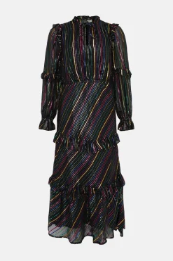 Clearance Oasis Colourful Metallic Stripe Ruffle Midi Dress Black