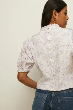Sale Oasis Contrast Cotton Broderie Ruffle Top Lilac