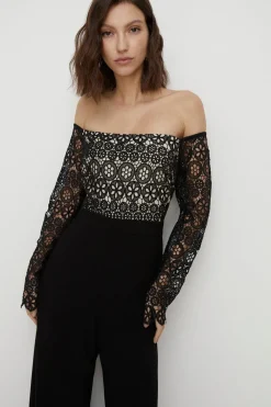 Discount Oasis Contrast Lace Bardot Wide Leg Jumpsuit Black
