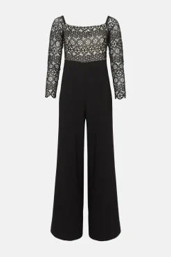 Discount Oasis Contrast Lace Bardot Wide Leg Jumpsuit Black