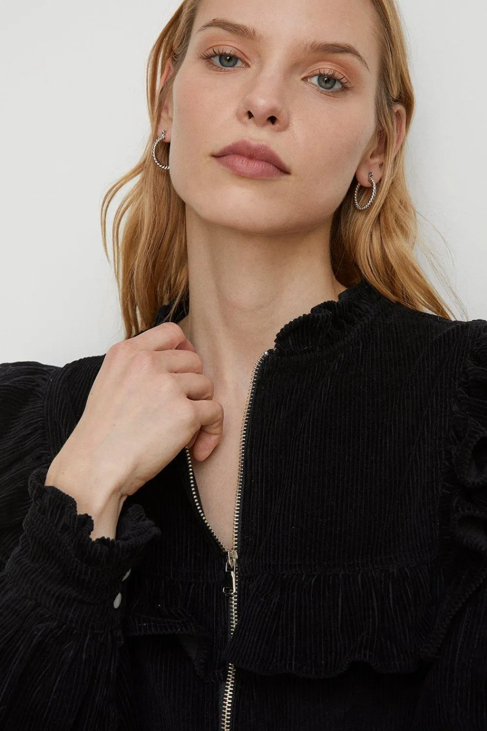 Hot Oasis Cord Ruffle Yoke Jumpsuit Black