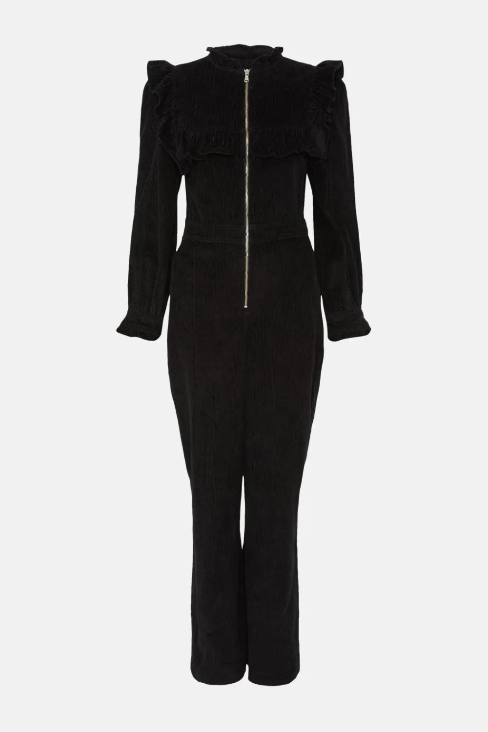 Hot Oasis Cord Ruffle Yoke Jumpsuit Black