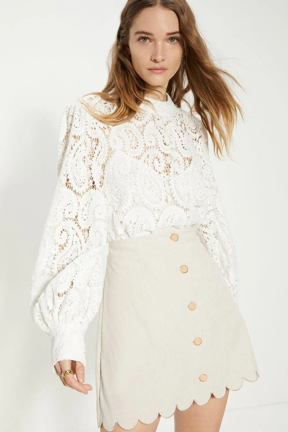Sale Oasis Cord Scallop Button Through Mini Skirt Ecru