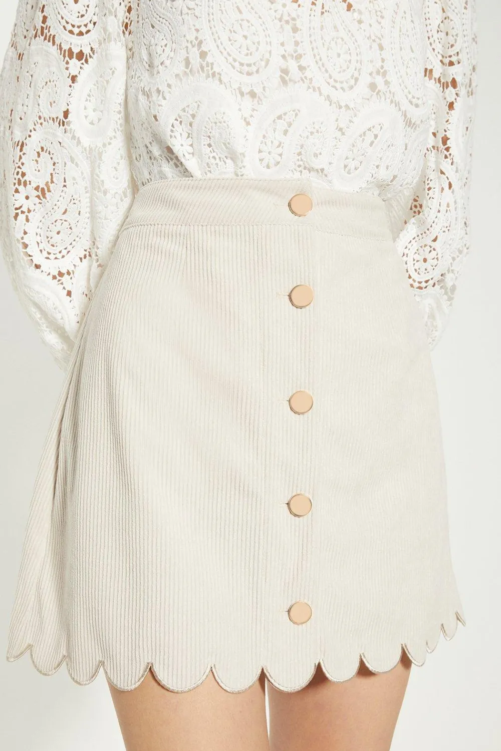 Sale Oasis Cord Scallop Button Through Mini Skirt Ecru