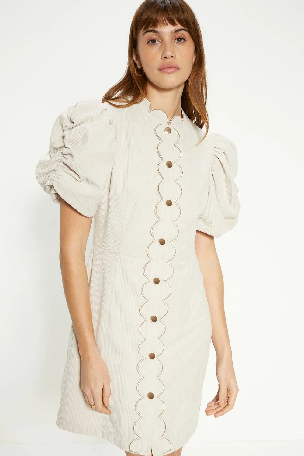 Discount Oasis Cord Scallop Puff Sleeve Mini Dress Ecru