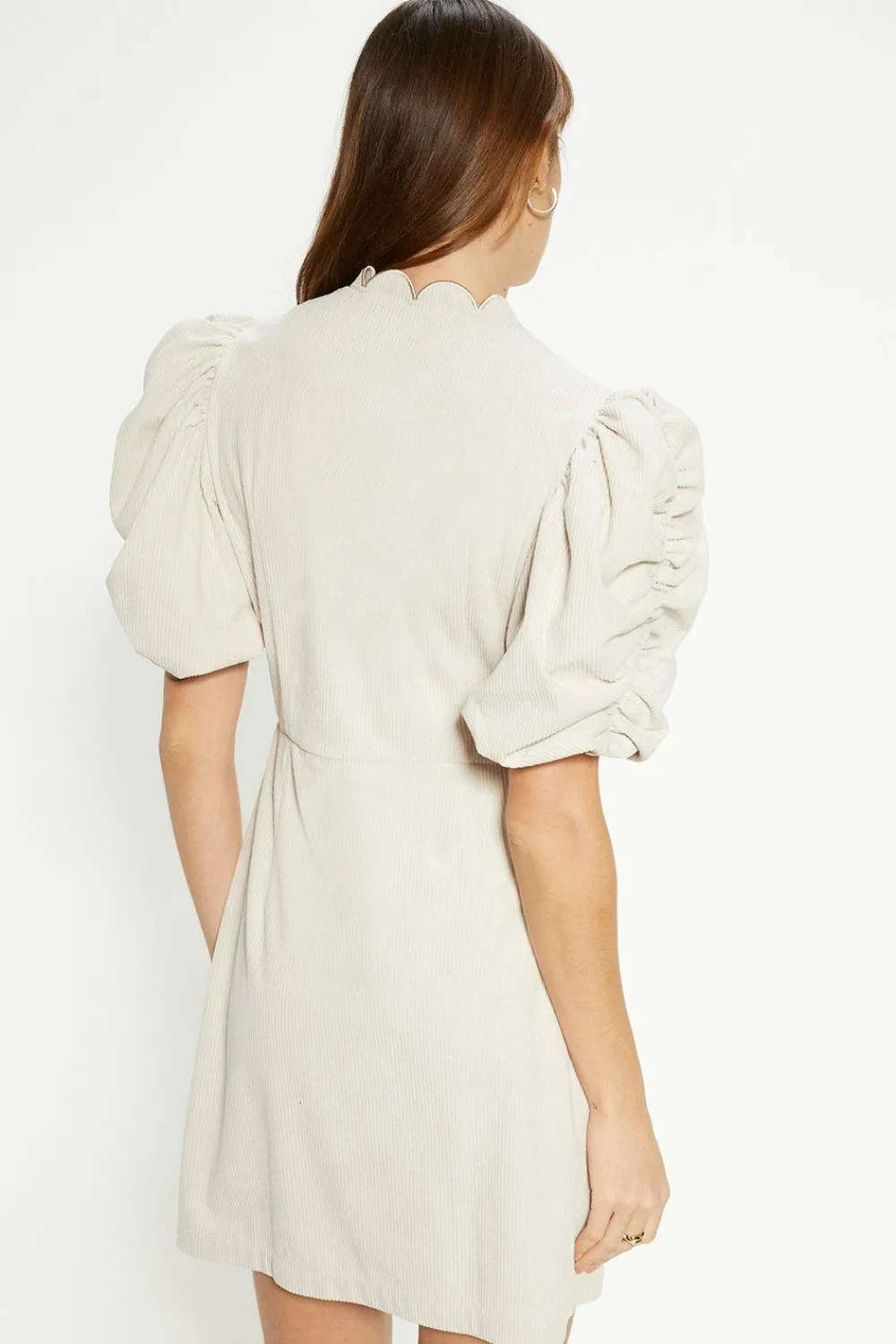 Discount Oasis Cord Scallop Puff Sleeve Mini Dress Ecru
