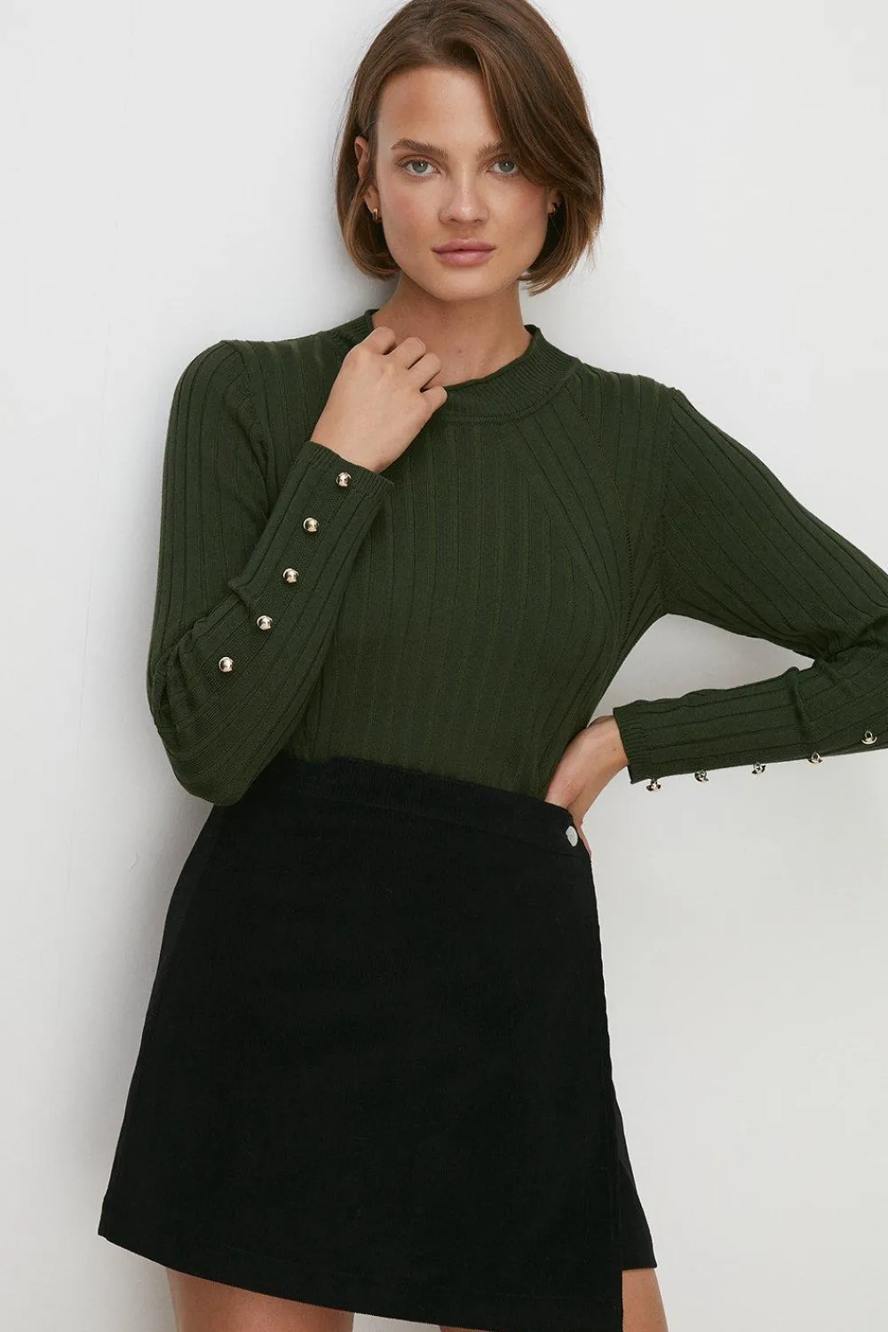 New Oasis Cord Wrap Skirt Khaki