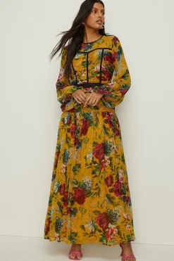 Online Oasis Corset Ruched Floral Chiffon Maxi Dress Ochre
