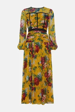 Online Oasis Corset Ruched Floral Chiffon Maxi Dress Ochre