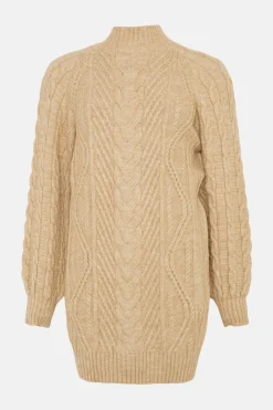 Hot Oasis Cosy Cable Funnel Neck Mini Jumper Dress Camel