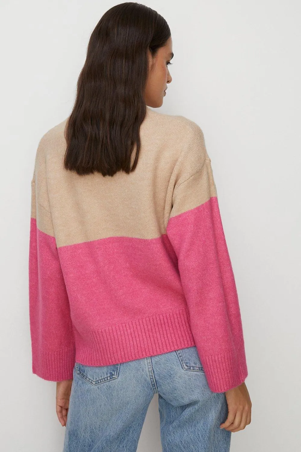 New Oasis Cosy Colour Block Crew Neck Jumper Hot Pink