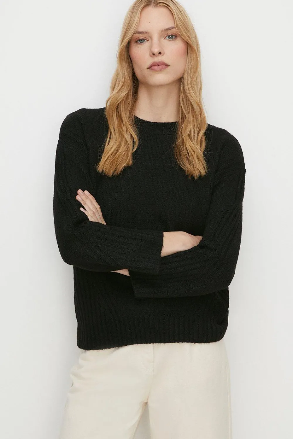 Clearance Oasis Cosy Rib Detail Crew Neck Jumper Black