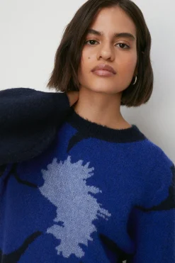 Clearance Oasis Cosy Statement Floral Jacquard Jumper Blue