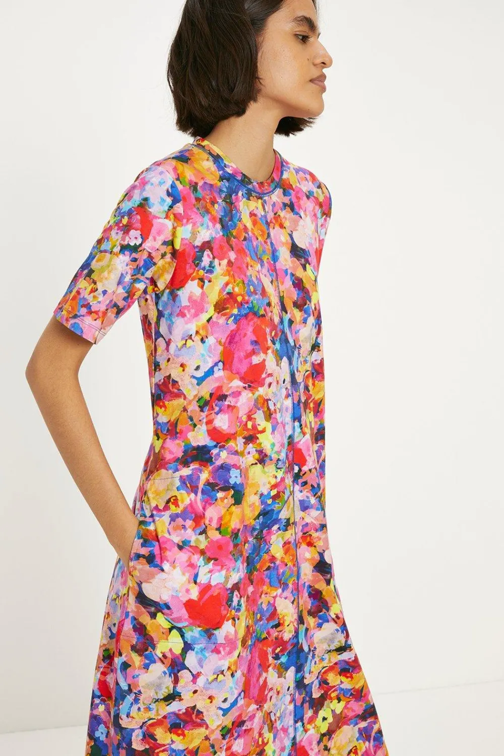 Best Oasis Cotton Bright Floral Seam Detail Midi Trapeze Dress Pink