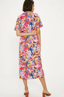 Best Oasis Cotton Bright Floral Seam Detail Midi Trapeze Dress Pink